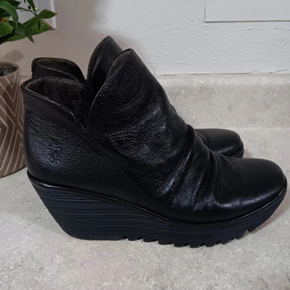 Fly London Black Leather Wedge Booties - Picture 4 of 9